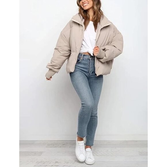 Women Cropped Puffer Jacket Coat Short Warm Quilted Outerwear with Pocket Beige - Picture 2 of 7